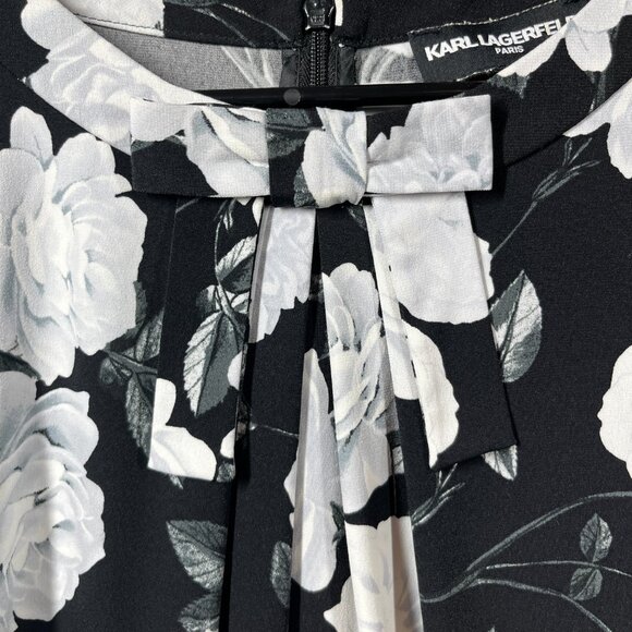 Karl Lagerfeld Paris Blouse Top Womens Size Large 3/4 Sleeve Floral Pleated Bow - Picture 2 of 9